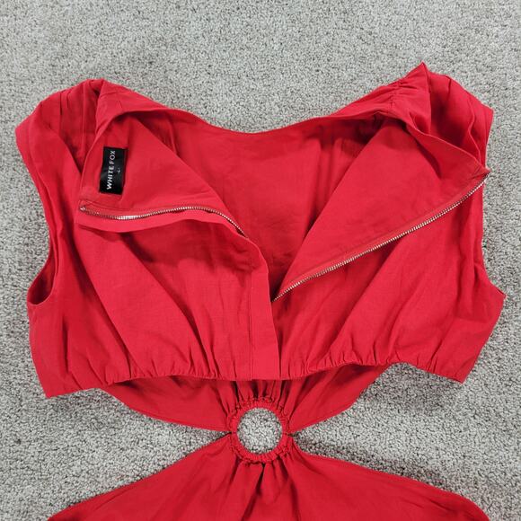 White Fox Cutout Ring Dress Womens L Red Sleeveless Mini Fit & Flare Ruffle Hem - Picture 14 of 16